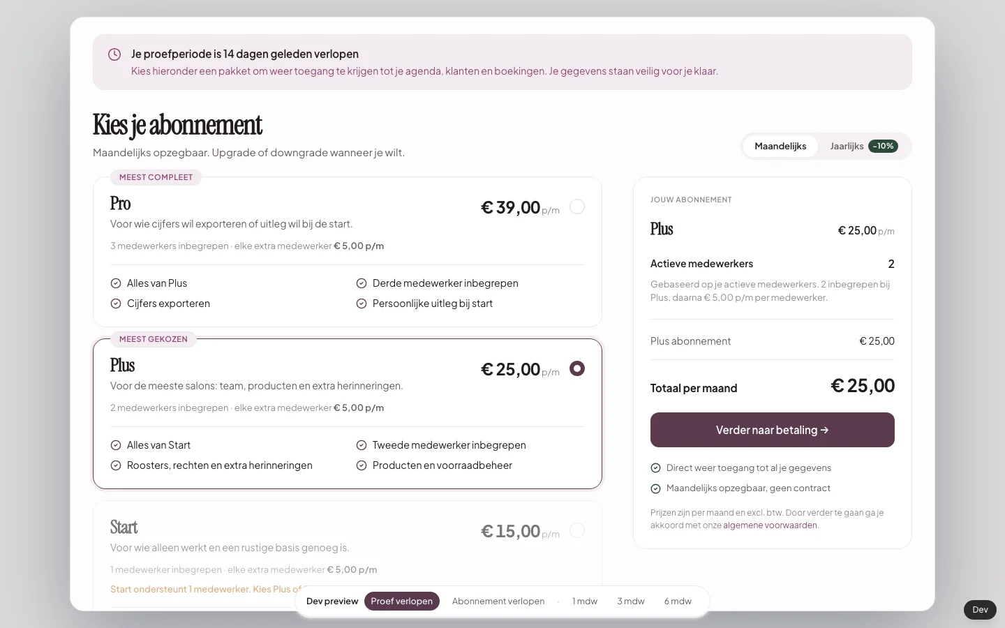 Lokale Salongeboekt-devpreview met de plannen Start, Plus en Pro en de knop Verder naar betaling.