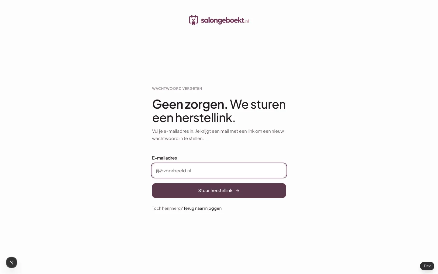 Salongeboekt-pagina Wachtwoord vergeten met een leeg veld voor een fictief e-mailadres en de knop Stuur herstellink.