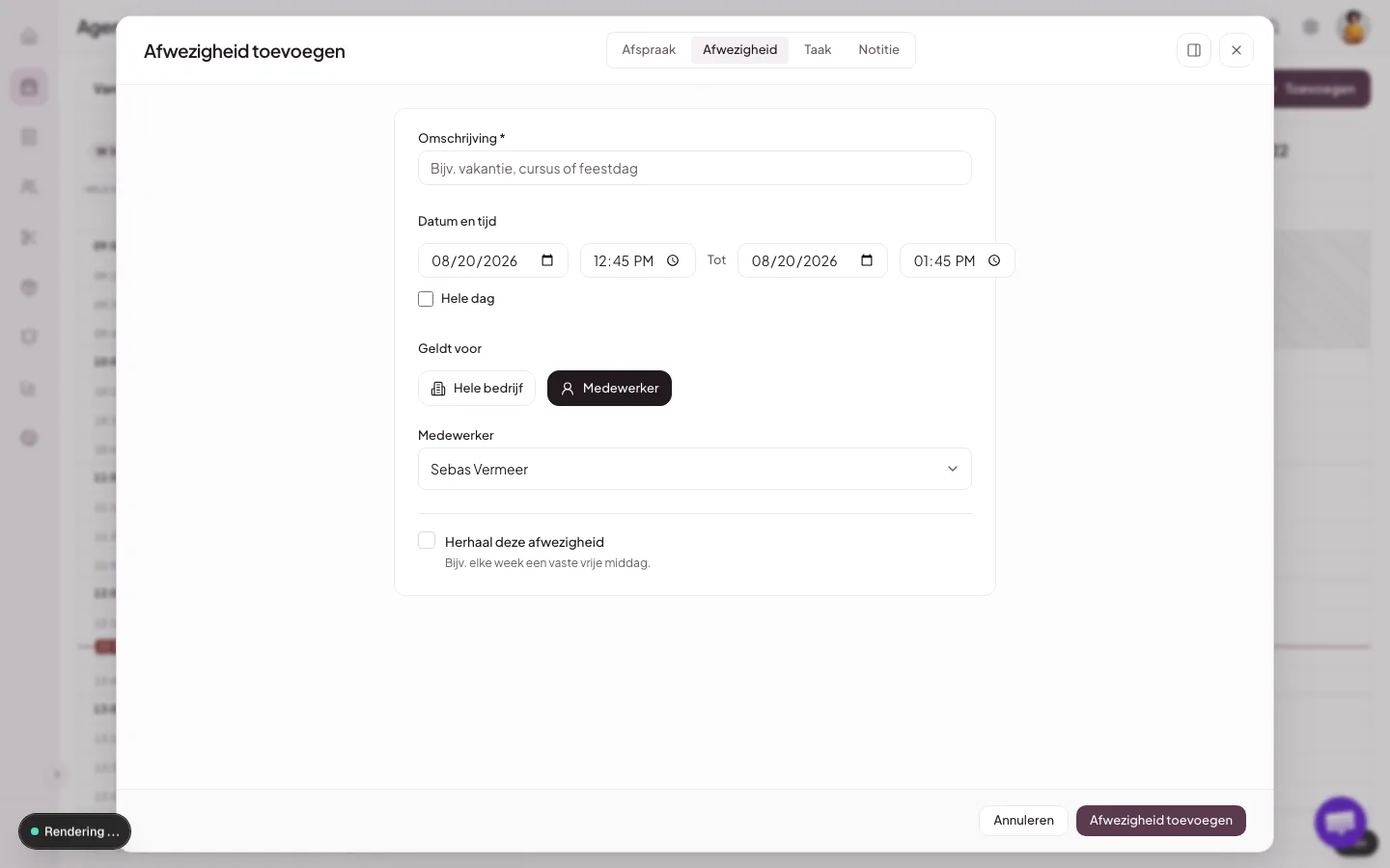 Formulier Afwezigheid toevoegen in een fictieve lokale Salongeboekt-agenda.