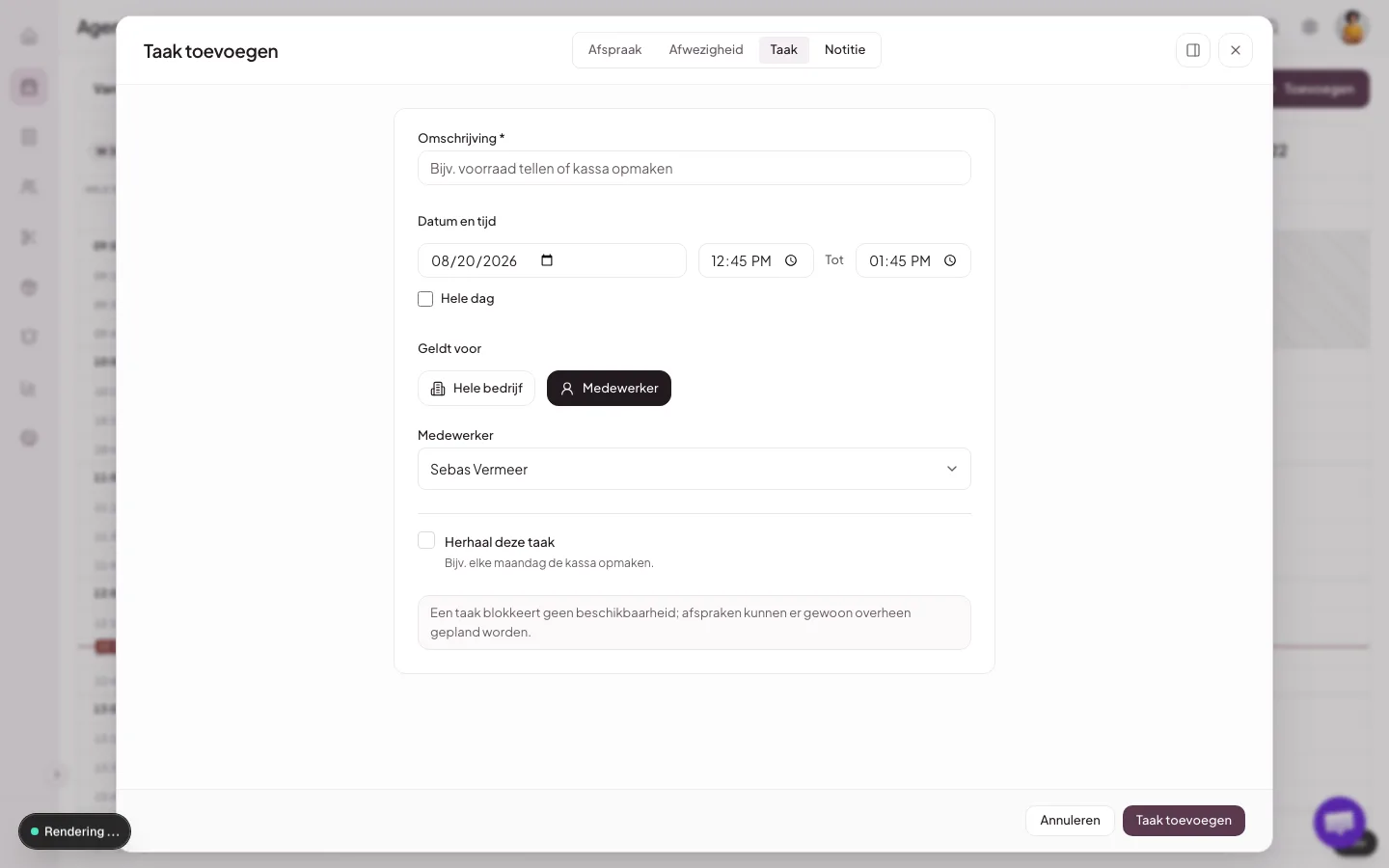 Formulier Taak toevoegen met de tabs Taak en Notitie in een fictieve lokale agenda.