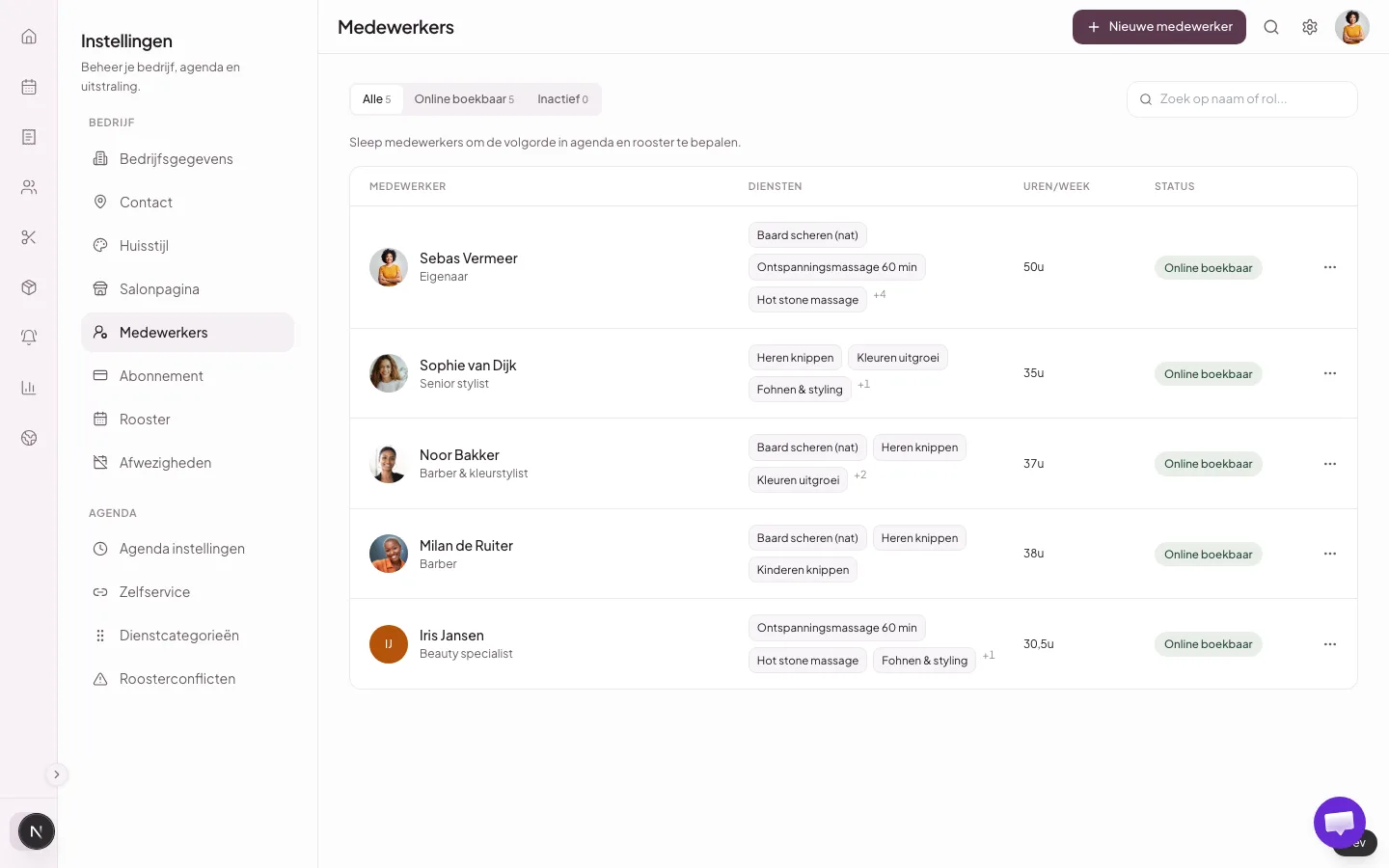 Medewerkersoverzicht van de fictieve lokale testsalon met vijf medewerkers en de knop Nieuwe medewerker.