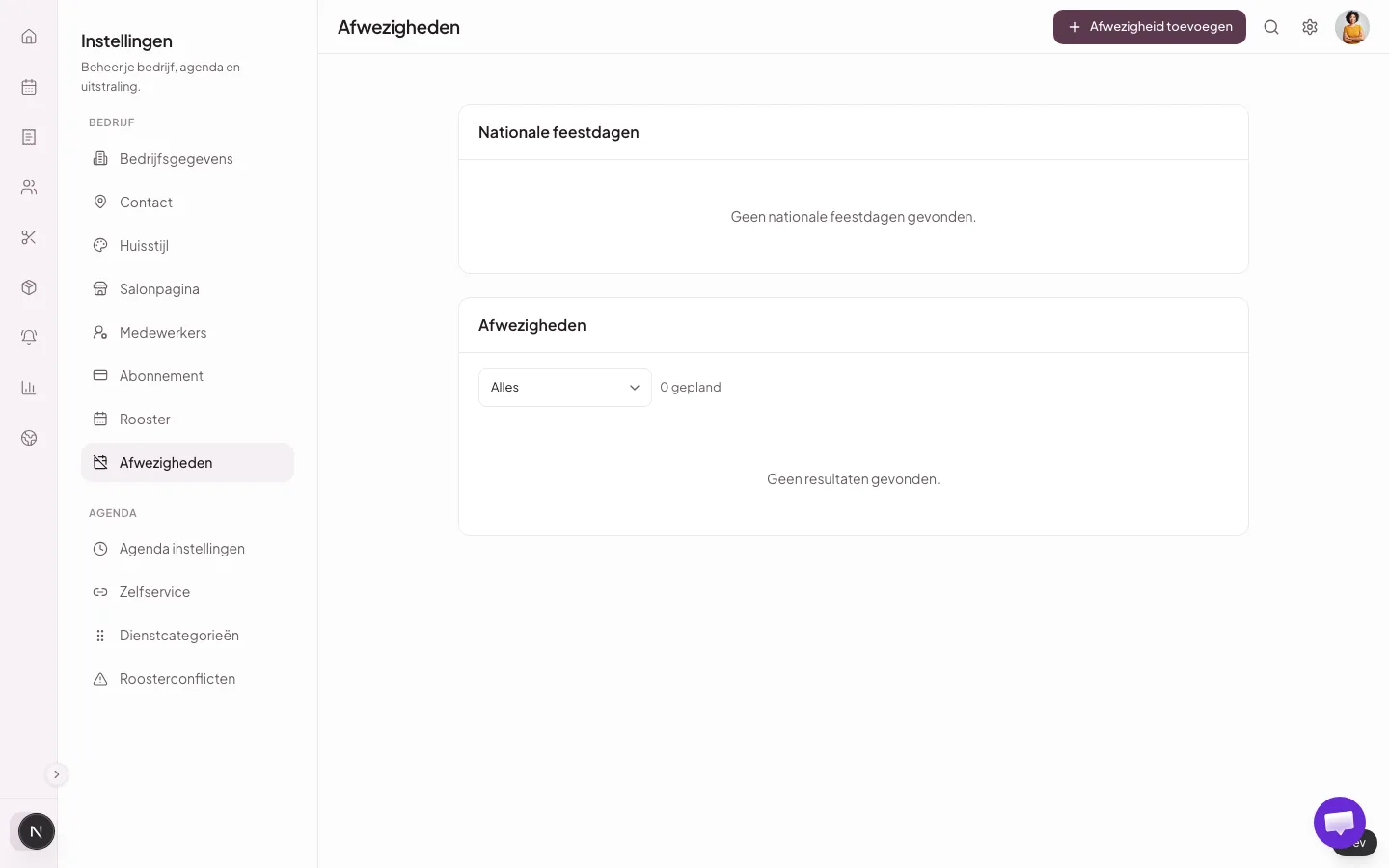 Afwezighedenpagina van de fictieve lokale testsalon met de knop Afwezigheid toevoegen.