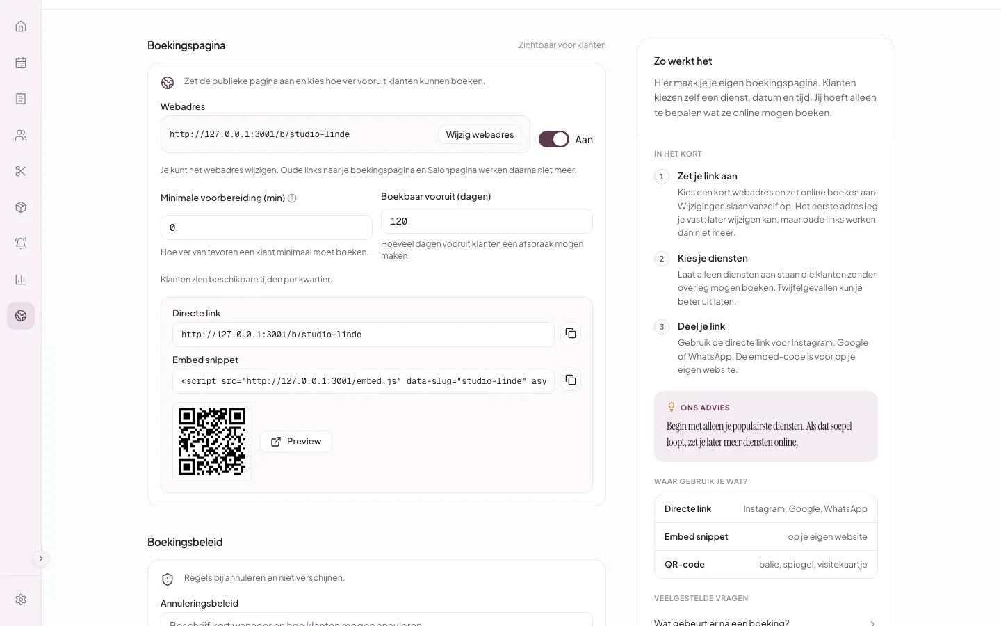 De directe boekingslink, embed-snippet en QR-code van fictieve salon Studio Linde in het dashboard.