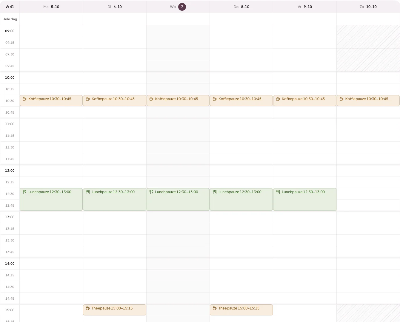 Weekagenda van een fictieve medewerker in een lokale testomgeving, met pauzeblokken Koffiepauze 10:30–10:45, Lunchpauze 12:30–13:00 en Theepauze 15:00–15:15, elk met eigen icoon en kleur.