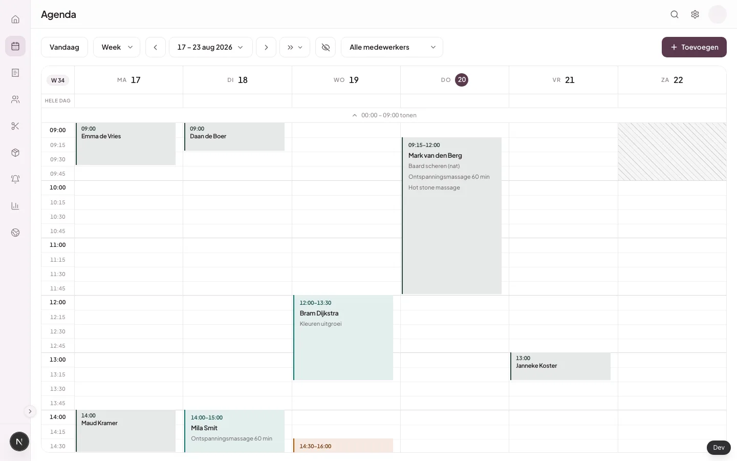 Lokale Salongeboekt-testagenda met fictieve afspraken en de knop Toevoegen rechtsboven.