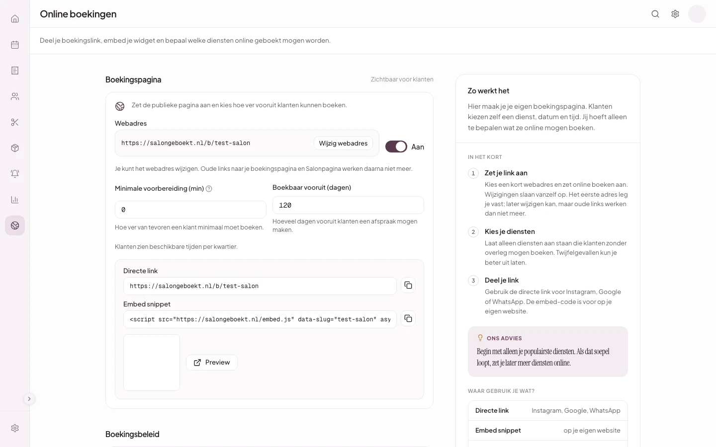 Lokale Salongeboekt-testomgeving met een fictieve directe boekingslink en kopieerknop.