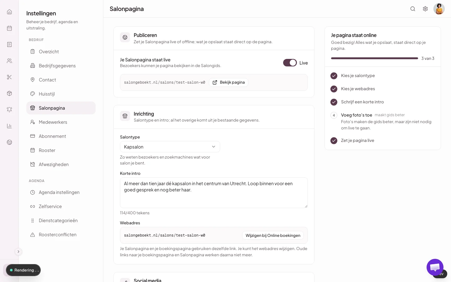 Lokale Salongeboekt-testomgeving met een fictieve Salonpagina, publicatiestatus en checklist.