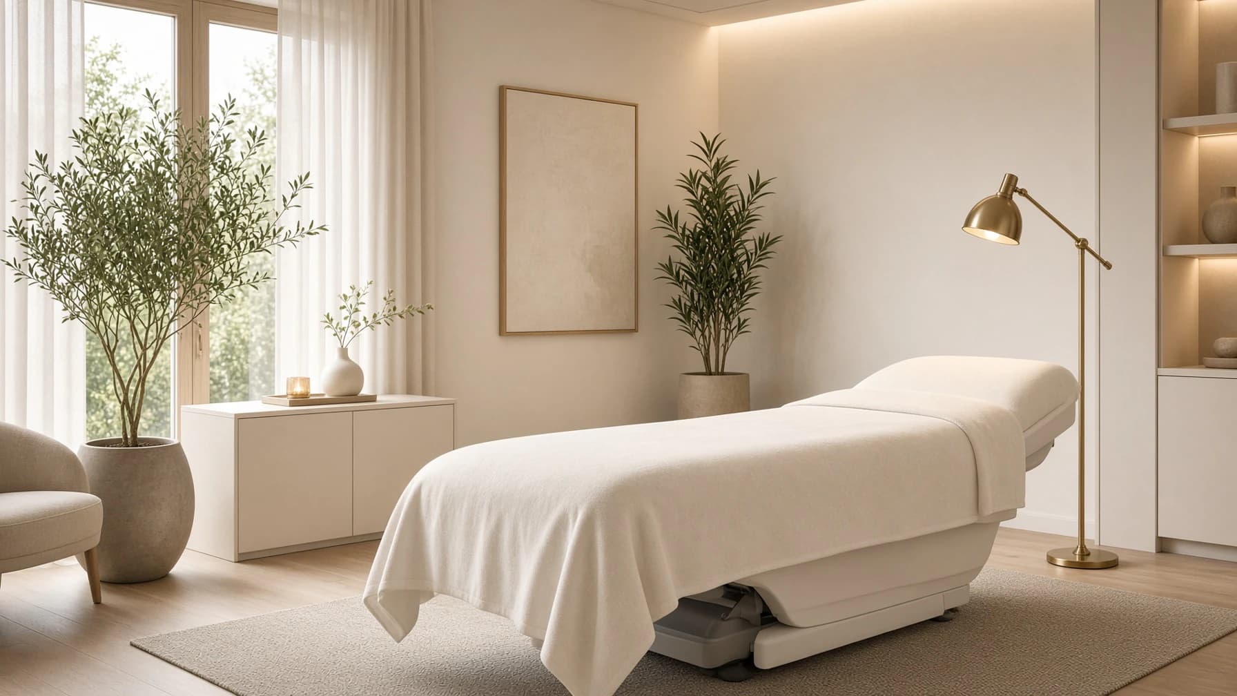 Afslankstudio met behandelbed en apparatuur in warm licht