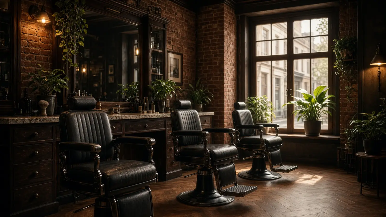 Lege barbershop met leren stoelen, baksteen en avondlicht door het raam