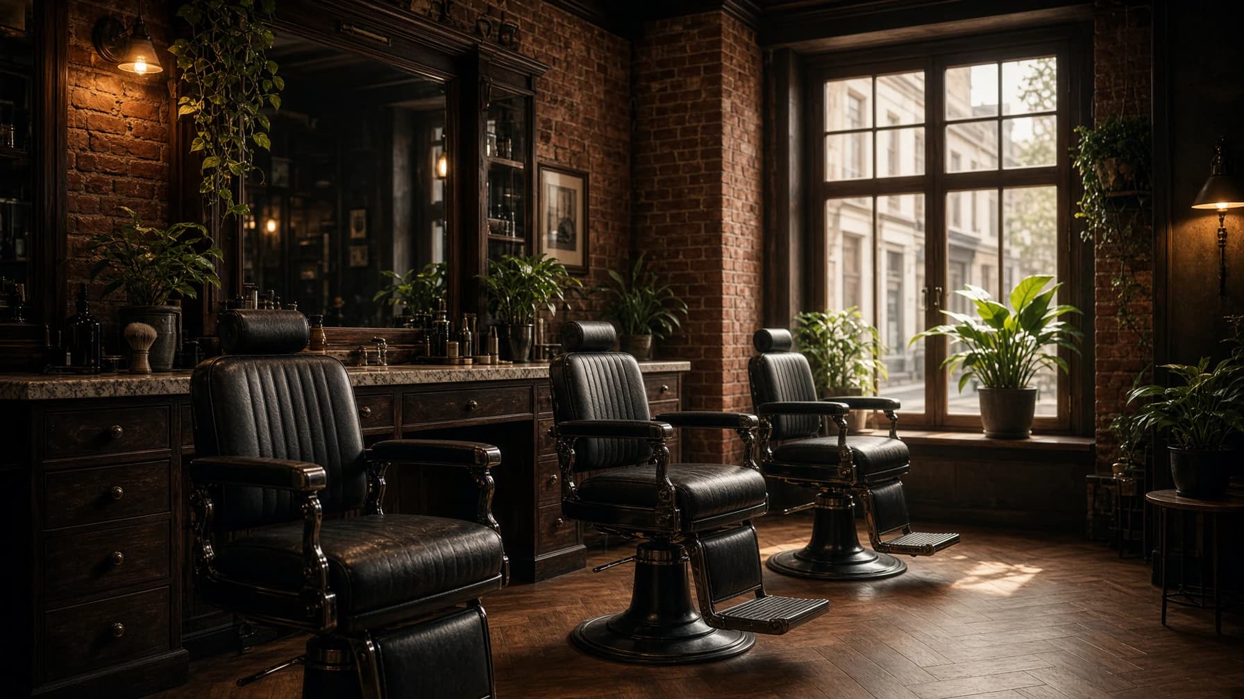 Lege barbershop met leren stoelen, baksteen en avondlicht door het raam