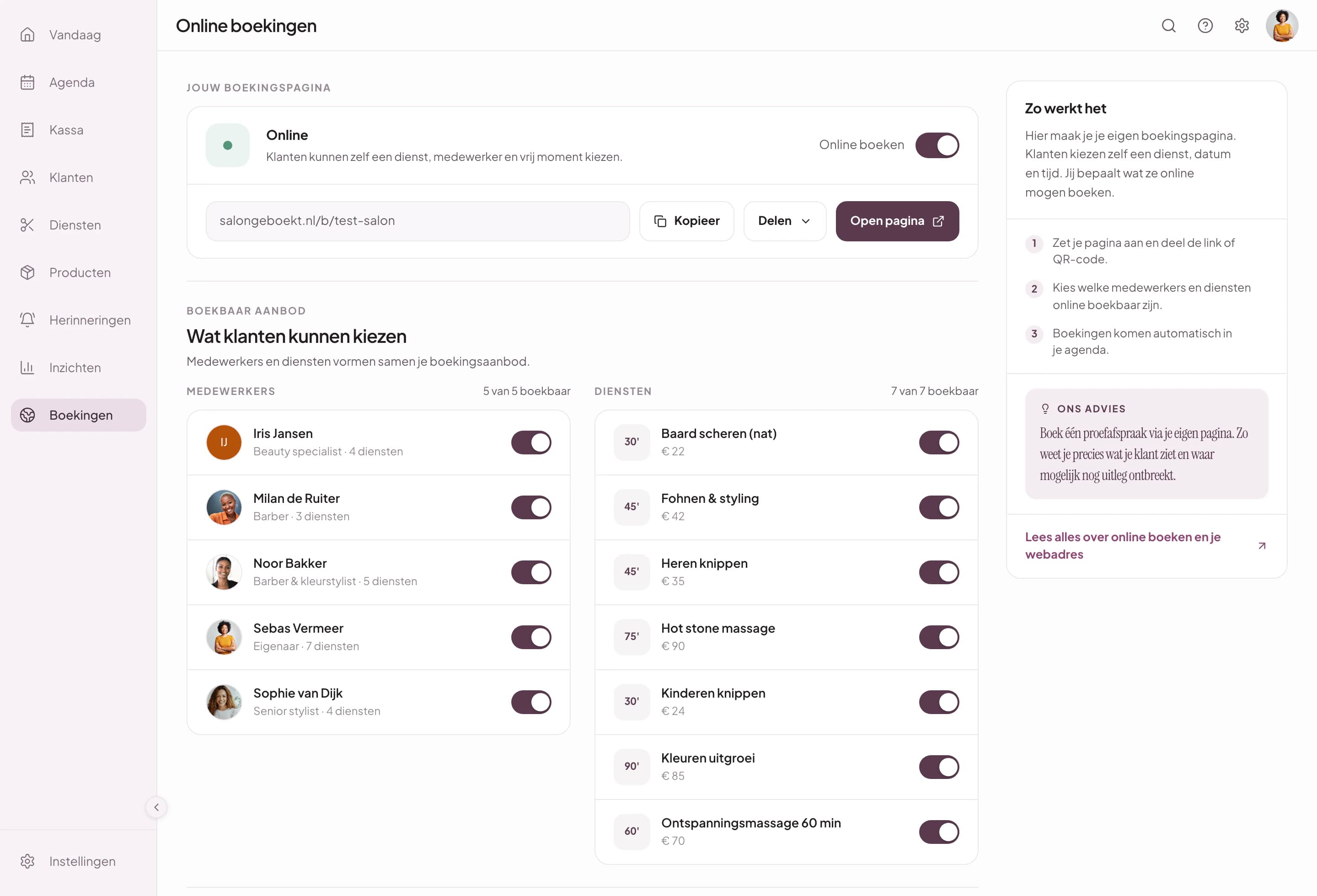 Overzicht van online boekingen in Salongeboekt met dienst, medewerker, tijd en status per aanvraag
