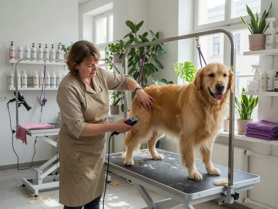 Trimster trimt een golden retriever