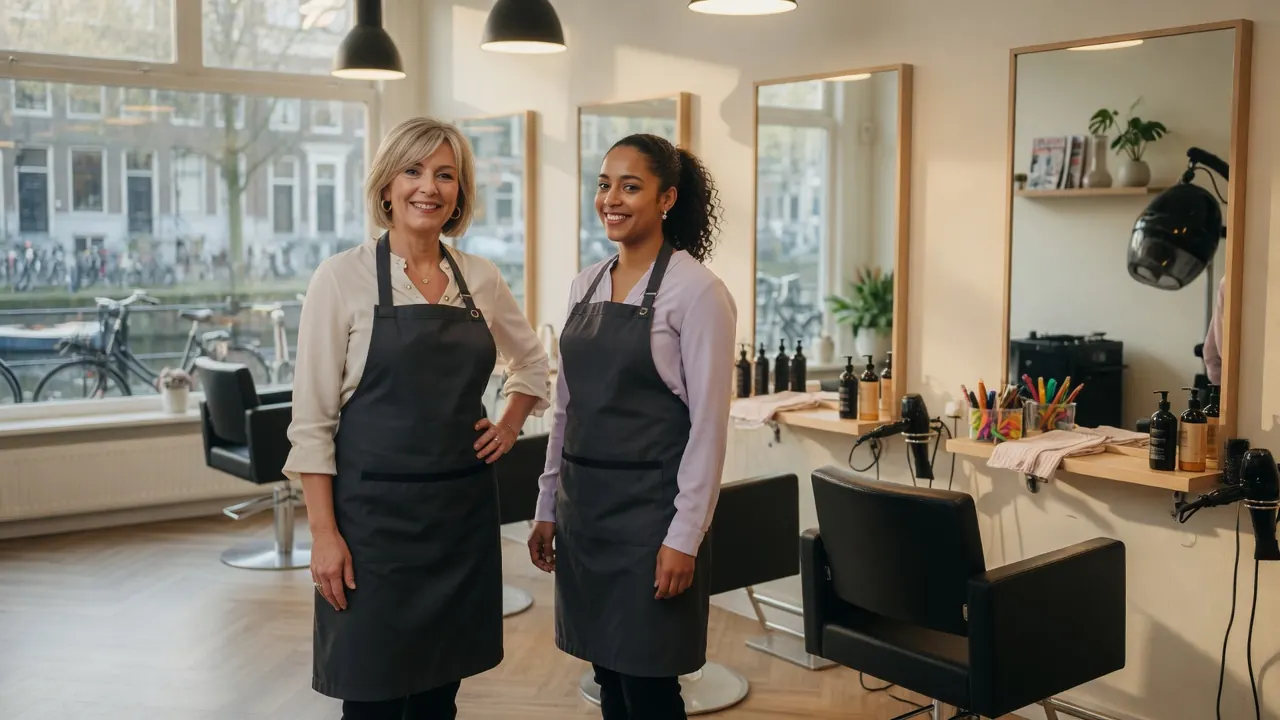 Twee lachende kapsters in hun salon, met drie kappersstoelen, spiegels en accessoires op de achtergrond