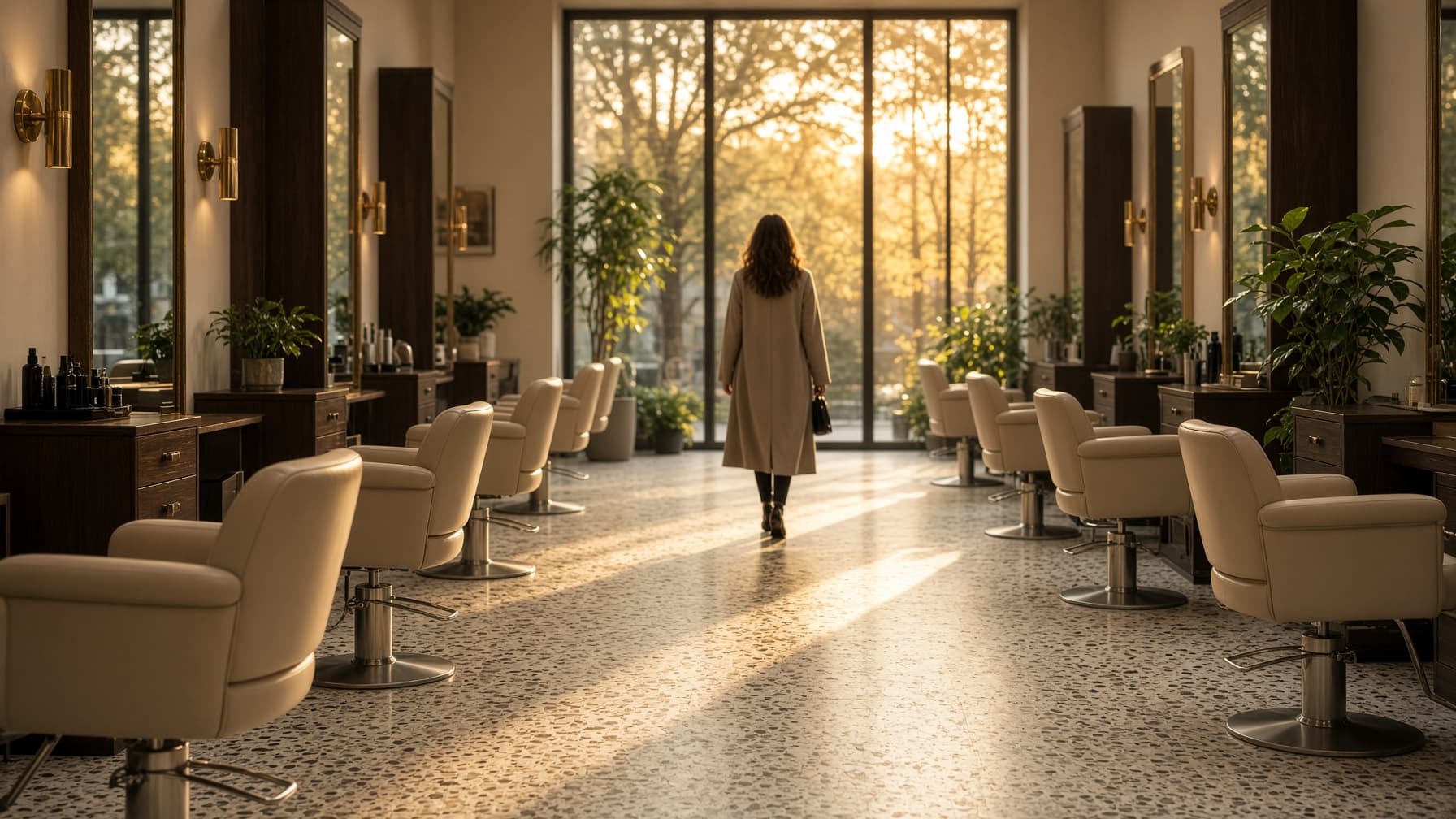 Een gast loopt het pad van de salon in, stoelen in warm licht