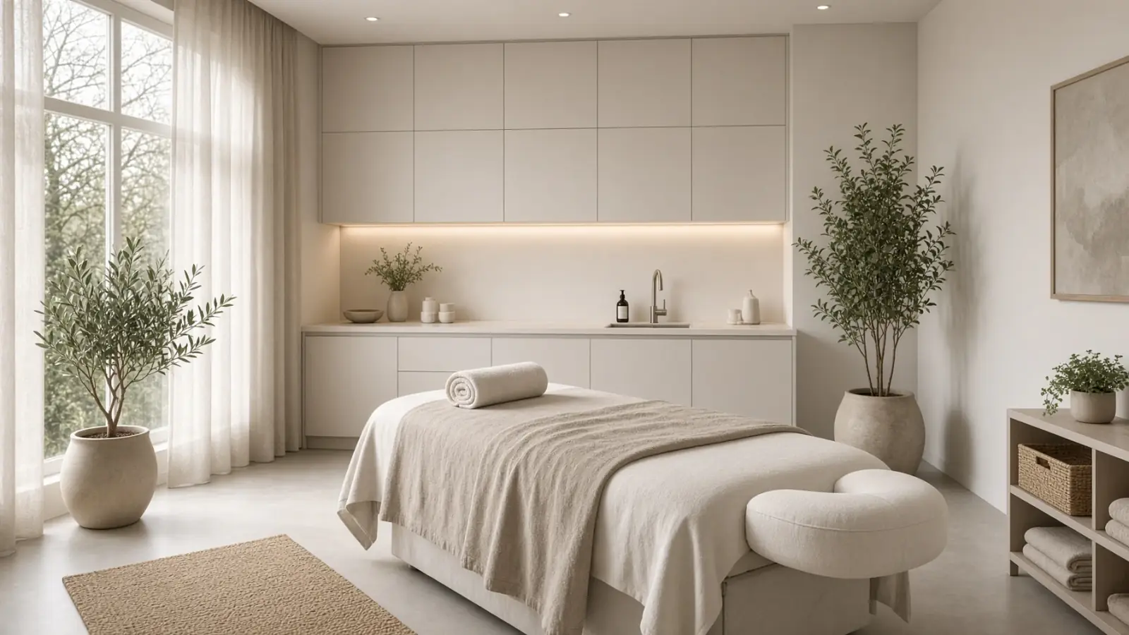 Huidtherapiepraktijk met behandelbed en rustig daglicht