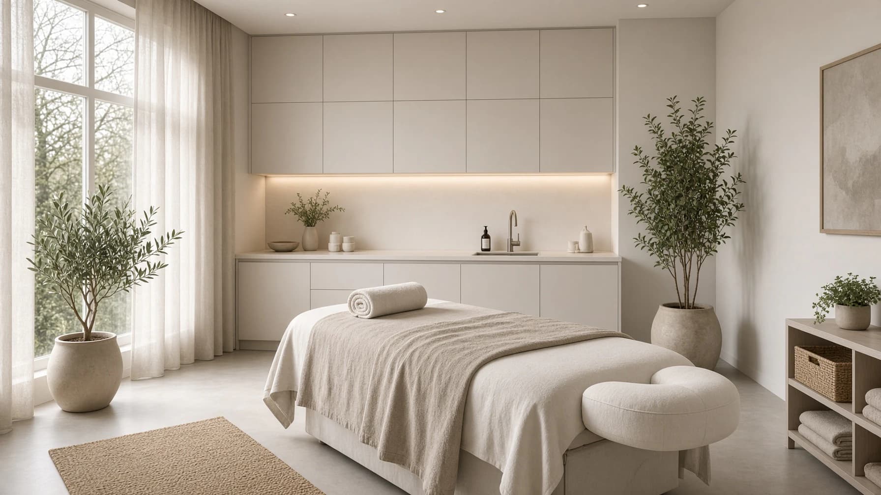 Huidtherapiepraktijk met behandelbed en rustig daglicht