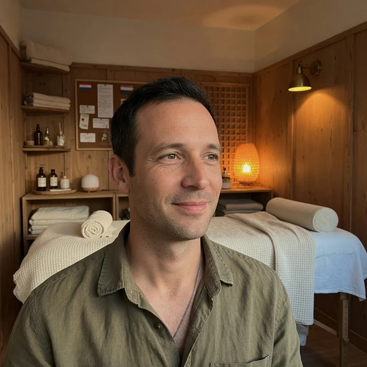 Portret van massagetherapeut Thomas Dekker in zijn praktijk