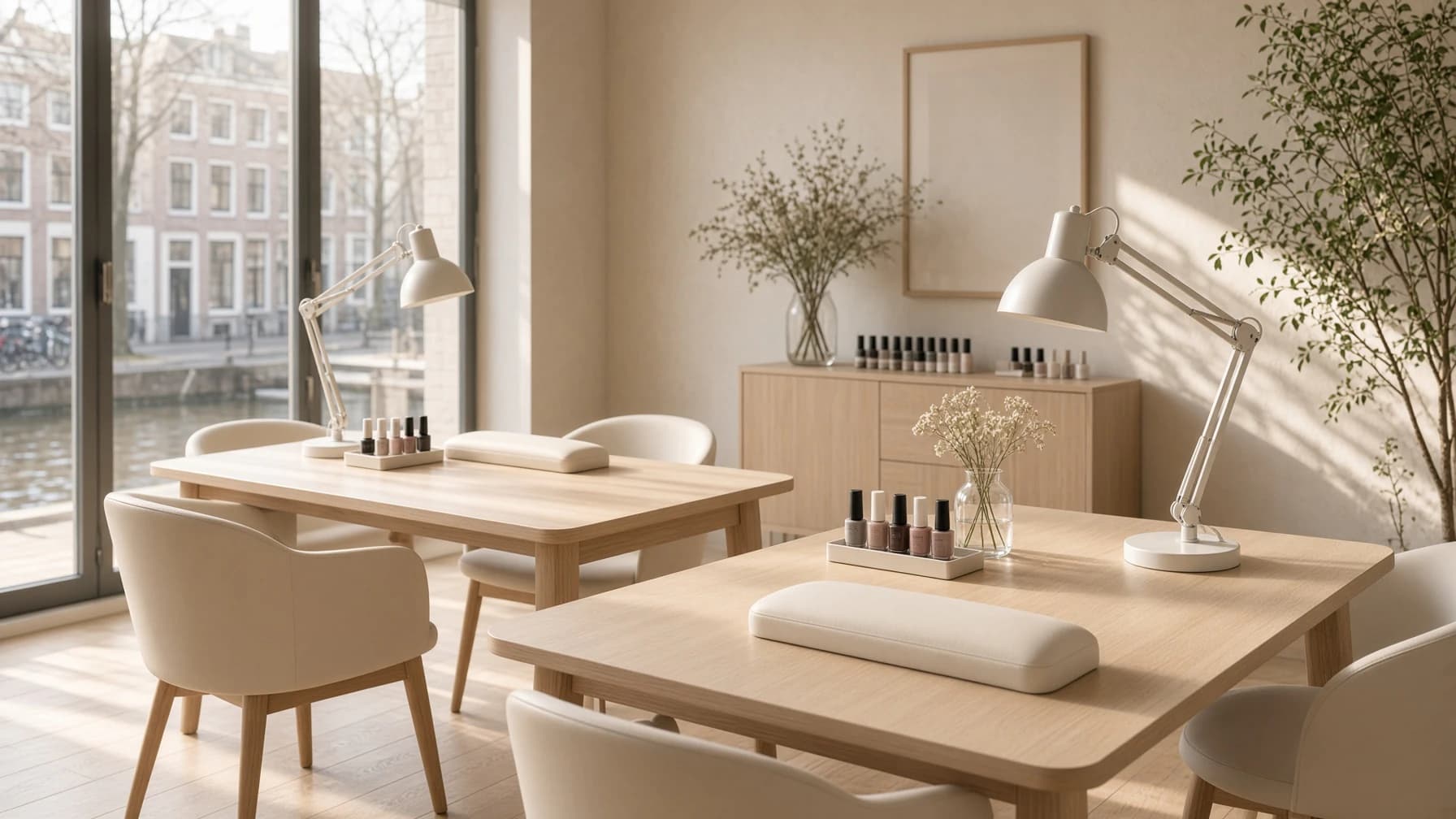 Nagelstudio met houten tafels, lampen en uitzicht op een gracht