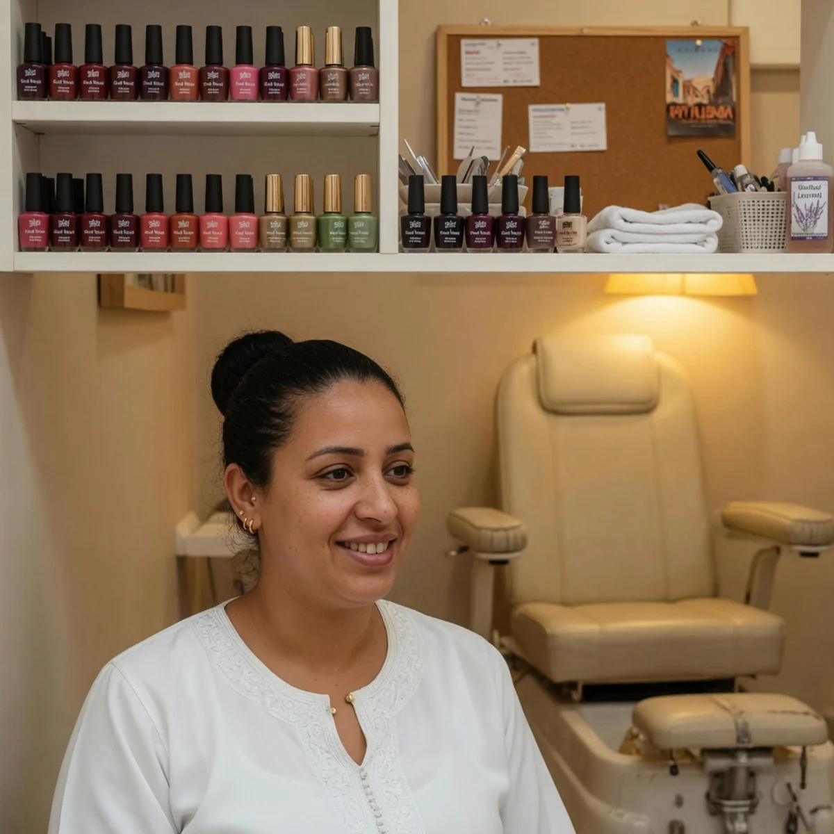 Portret van pedicure Fatima El Amrani in haar praktijk