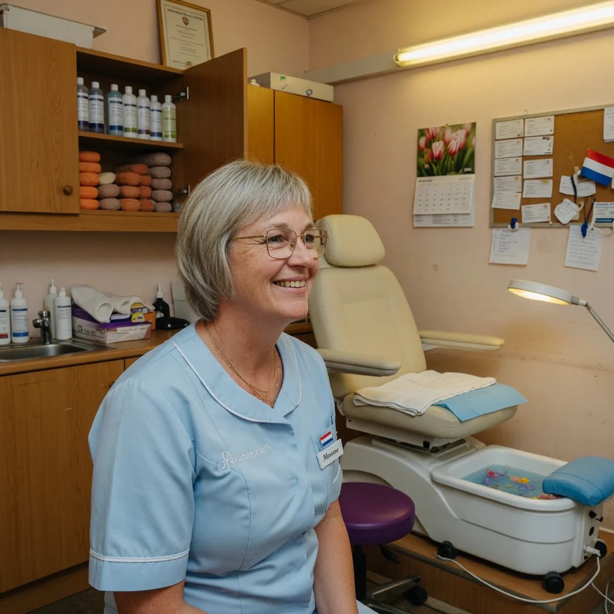 Portret van pedicure Hanneke Bos in haar praktijk