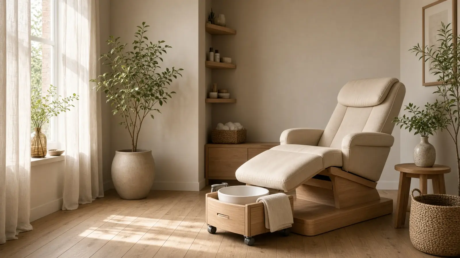Pedicurepraktijk met behandelstoel, planten en daglicht