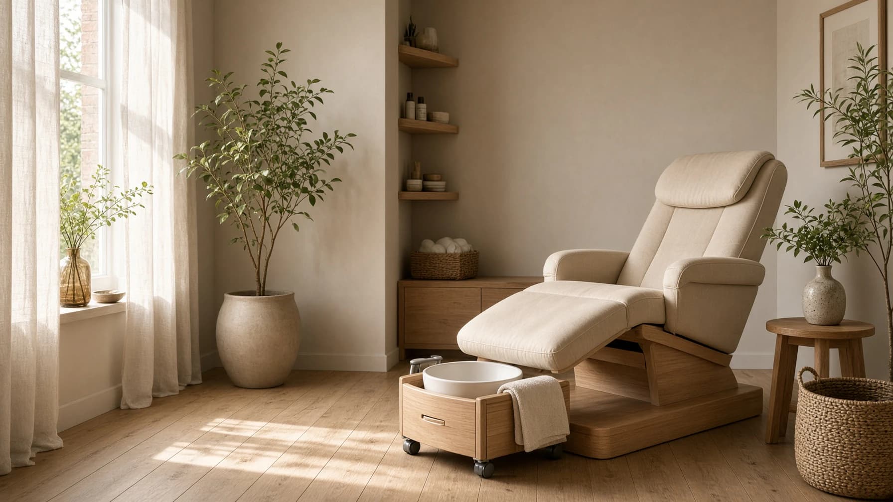 Pedicurepraktijk met behandelstoel, planten en daglicht