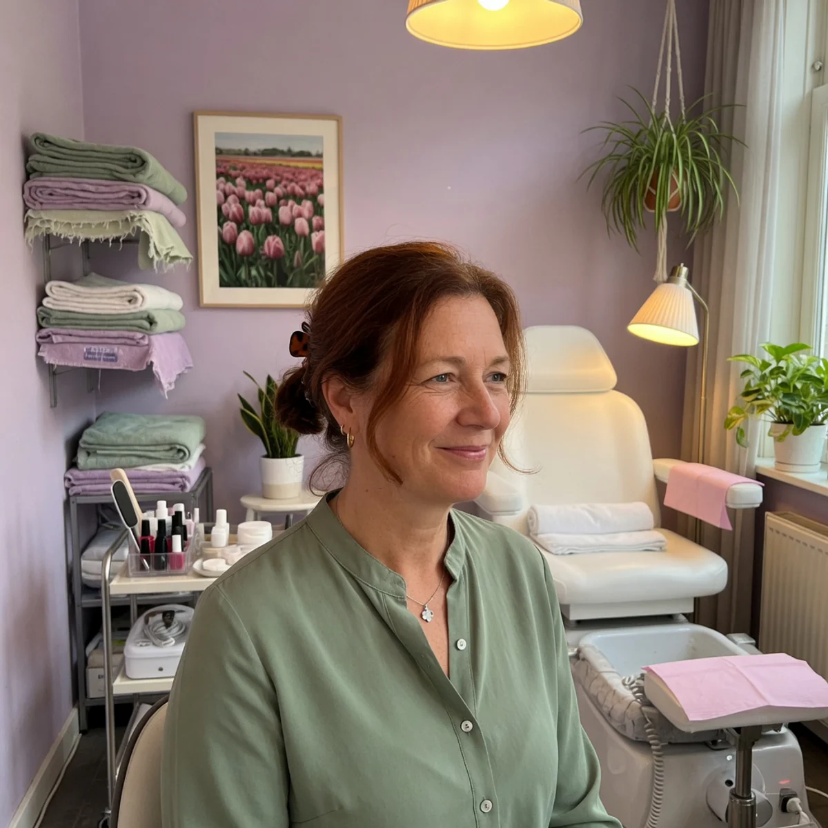 Portret van pedicure Ingrid Mulder in haar praktijk