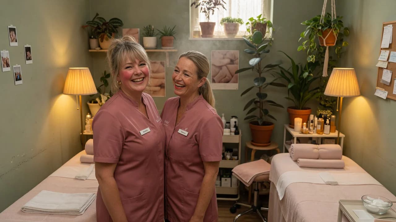 Twee lachende schoonheidsspecialistes in hun behandelkamer, met behandelbedden en planten op de achtergrond