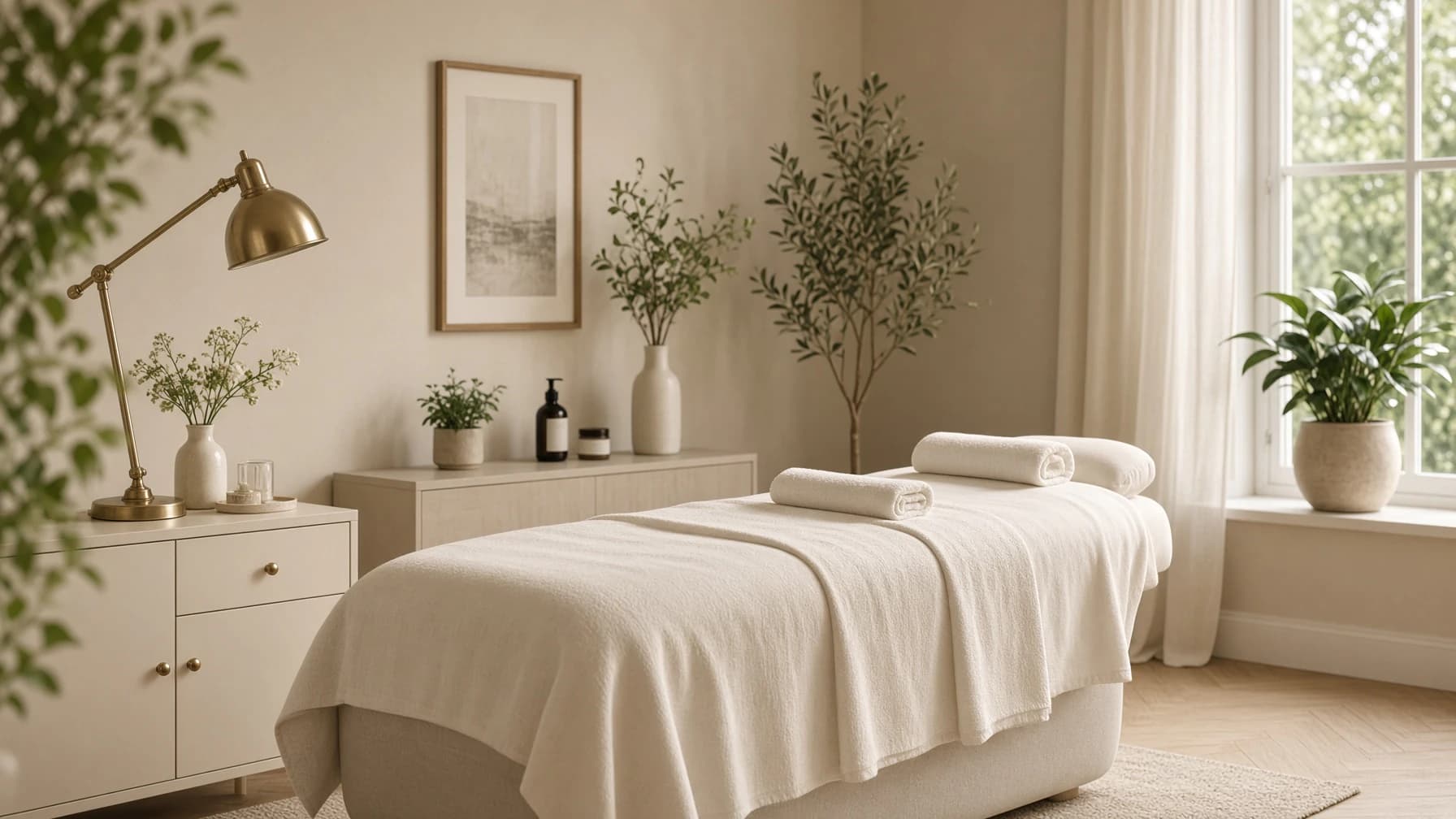Behandelkamer van een schoonheidssalon met behandelbed, planten en avondlicht
