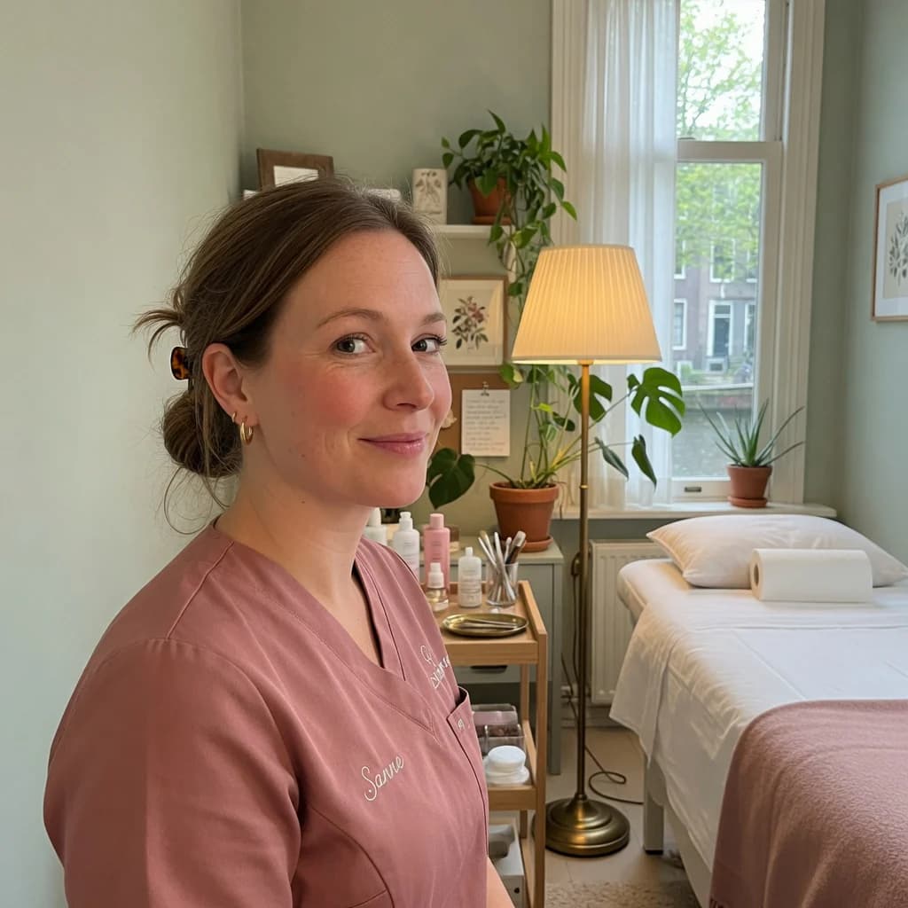 Portret van schoonheidsspecialiste Sanne Veldkamp in haar behandelkamer