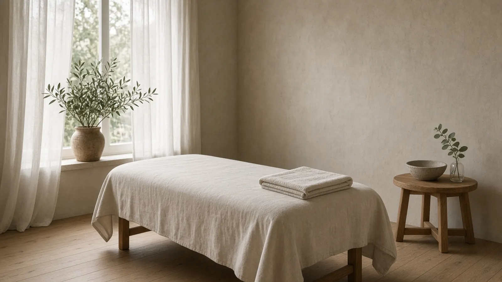 Dagspa met behandelbed, linnen, planten en warm daglicht