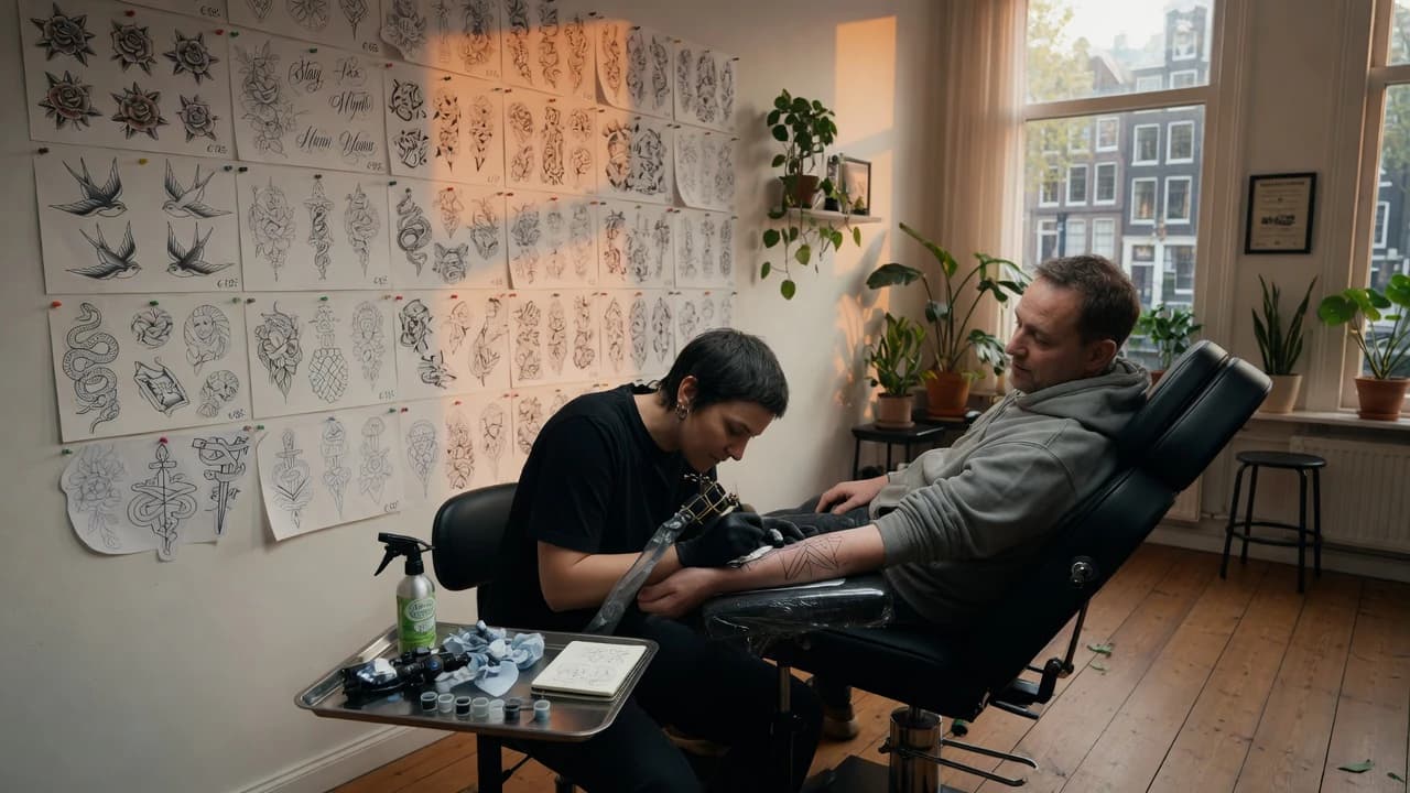 Tattoo-artist tatoeëert een onderarm in een nette shop, met papieren voorbeelden aan de wand
