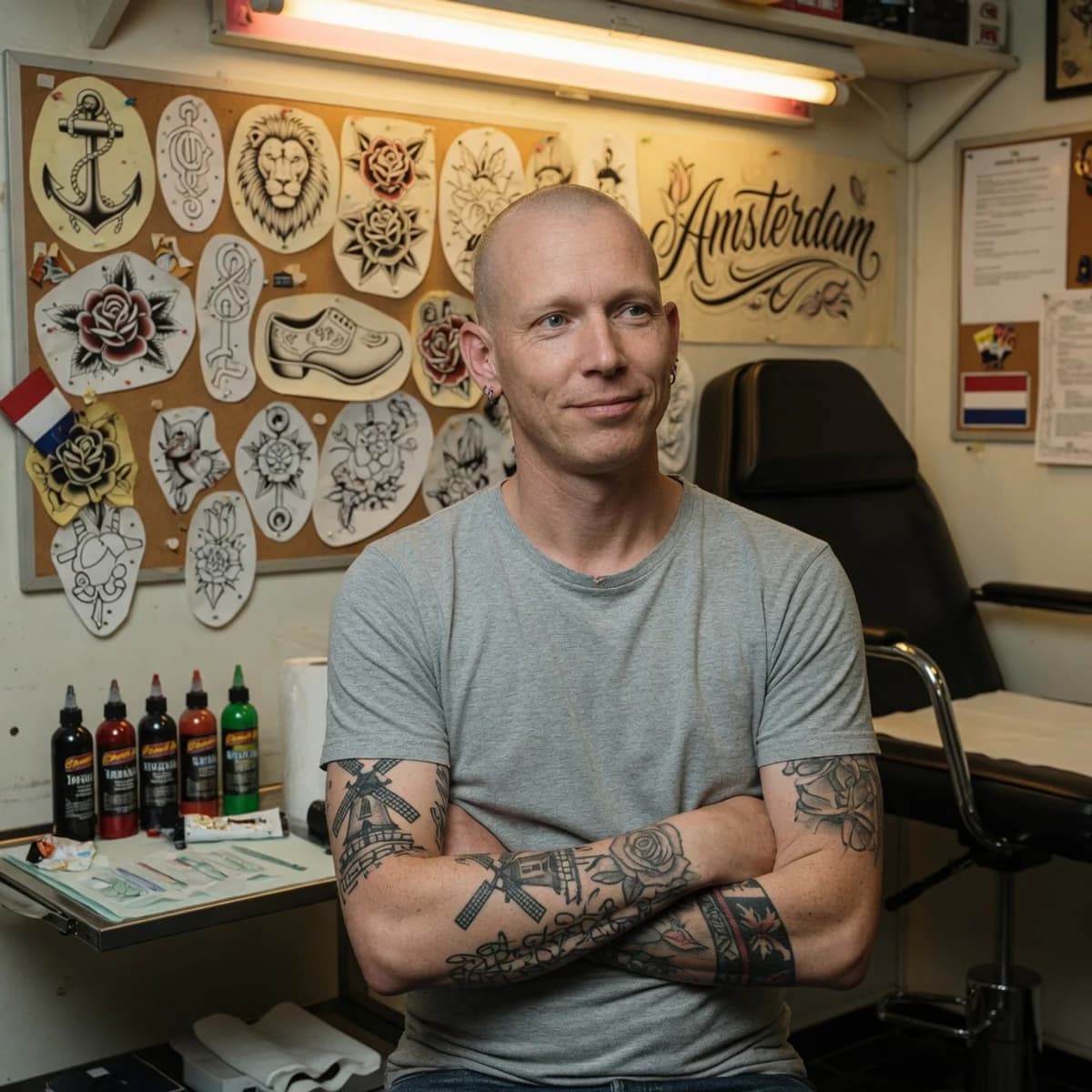 Portret van tattoo-artist Ivo Martens in zijn shop