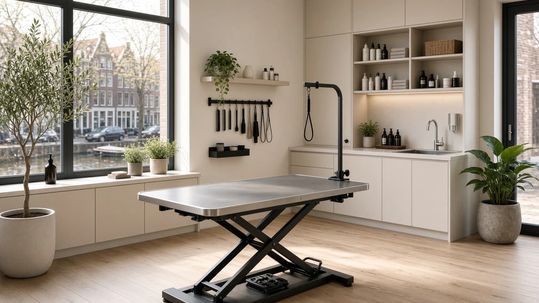 Trimsalon met trimtafel, wasbak en daglicht op een Amsterdamse gracht