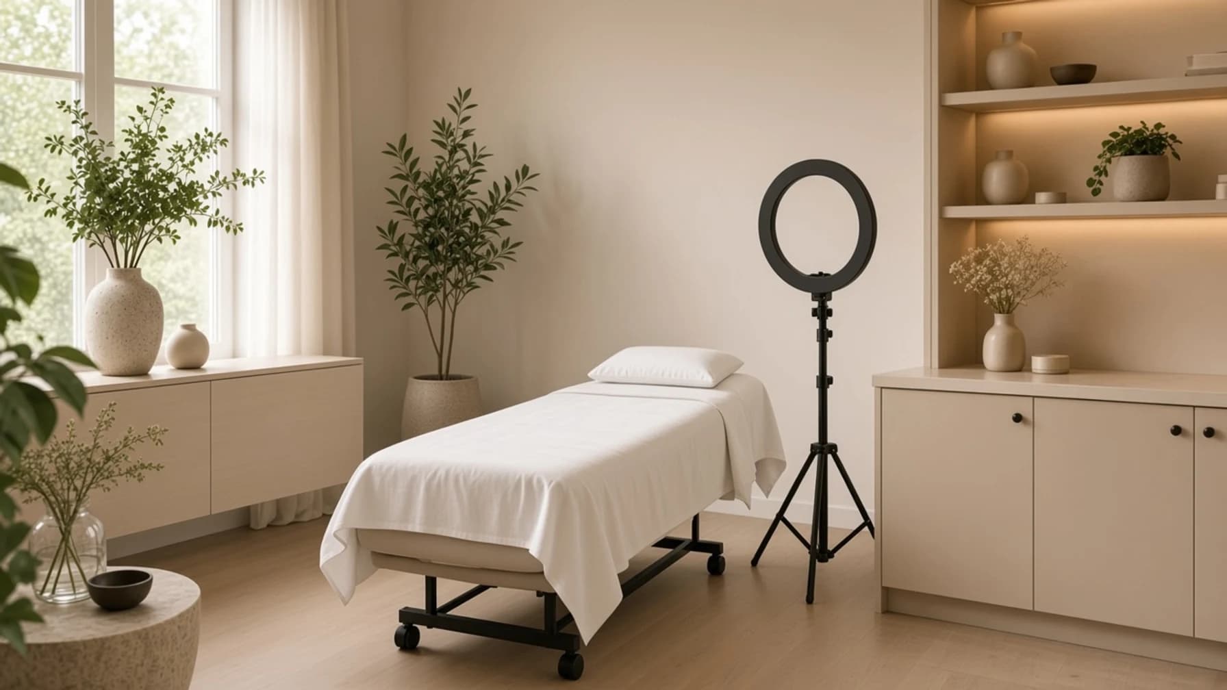 Wenkbrauwsalon met behandelbed, ringlamp en zacht daglicht