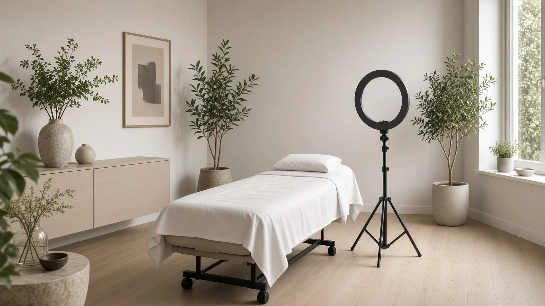 Wimperstudio met behandelbed, planten en zacht daglicht