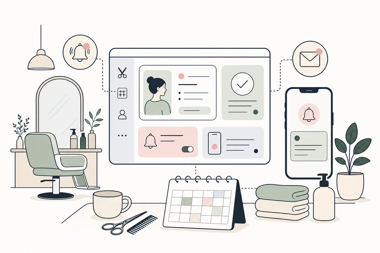 Illustratie van automatische afspraakherinneringen met agenda, telefoonmelding en reminderflow