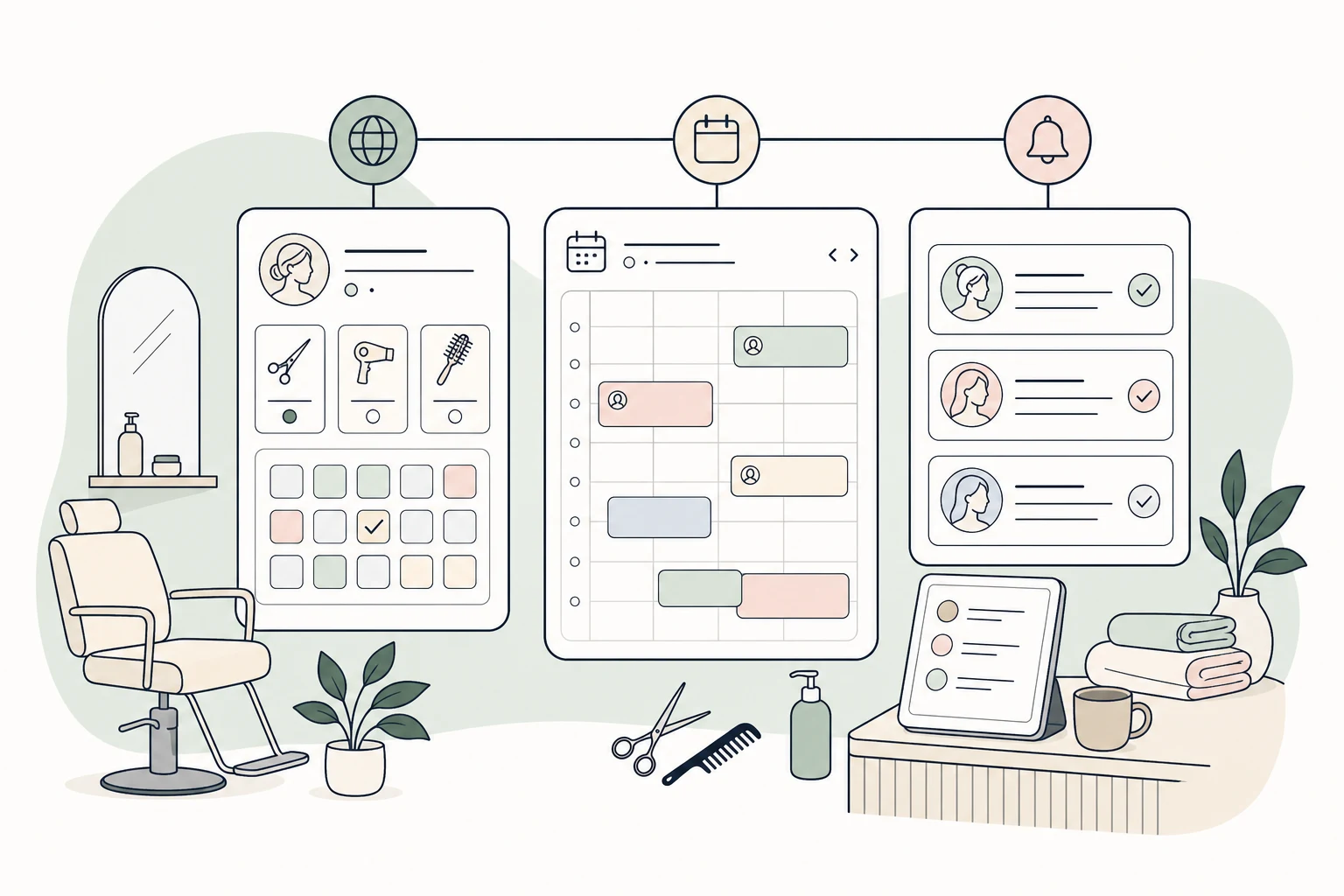 Illustratie van Ingeboekt functies met boekingstool, agenda en automatische herinneringen