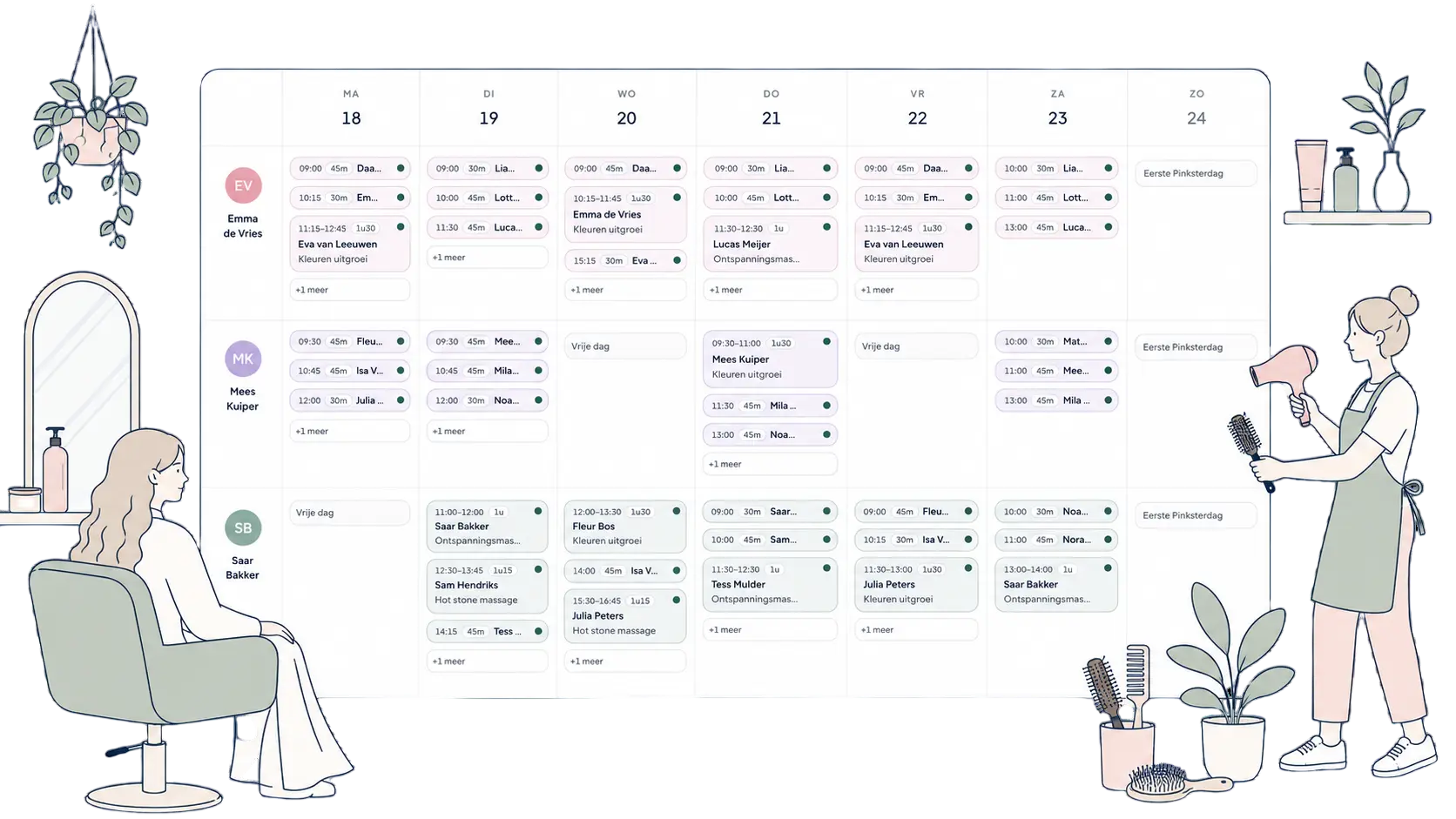 Weekagenda in Ingeboekt met afspraken verspreid over de week.
